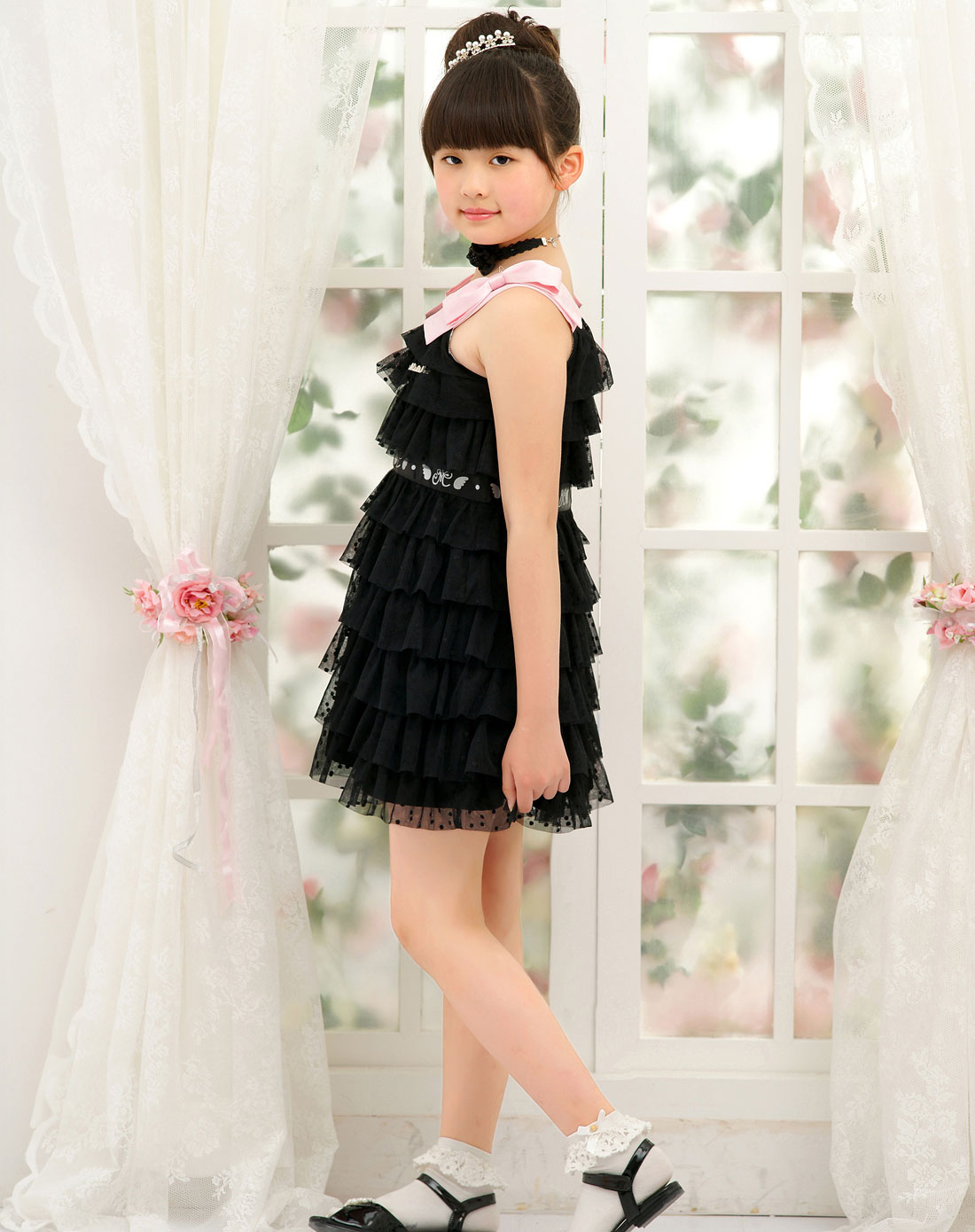 绿盒子greenbox男女童装混合专场-摩登小姐 女童黑色雪纺羽纱花边小