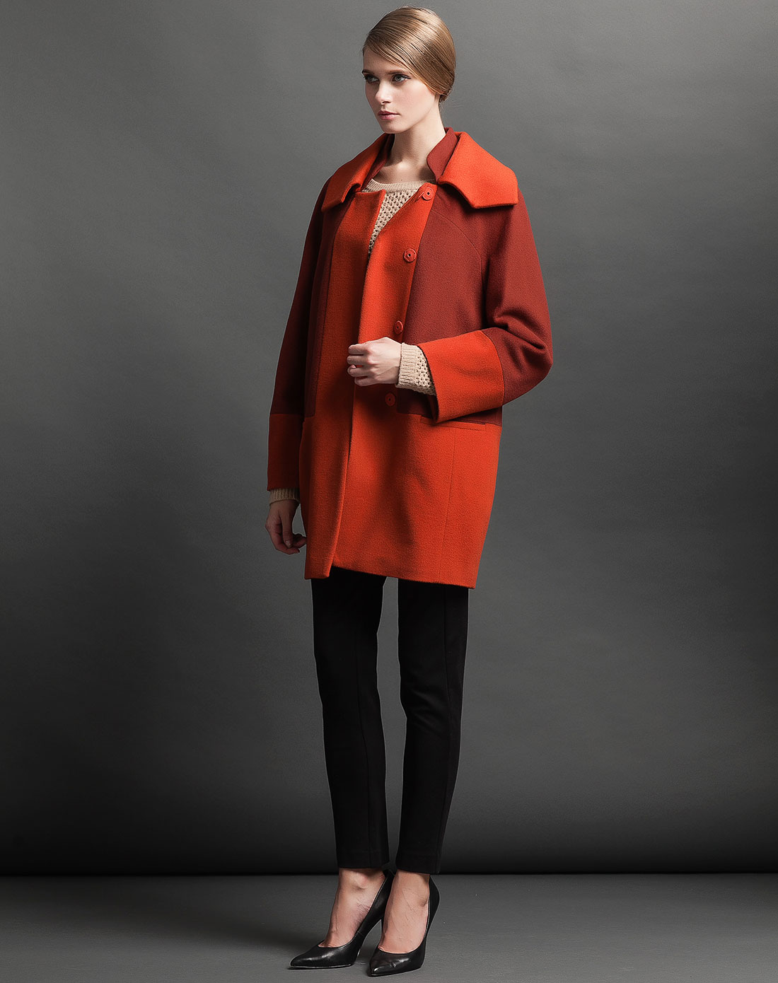 深橘红色翻领优雅长袖大衣