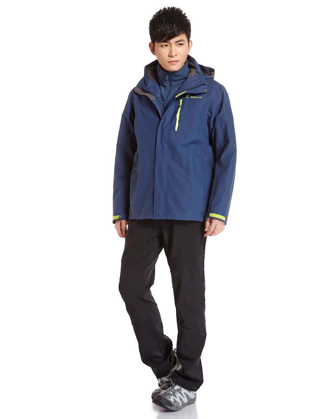 男款铁蓝灰色连帽长袖冲锋衣 柔软两件套