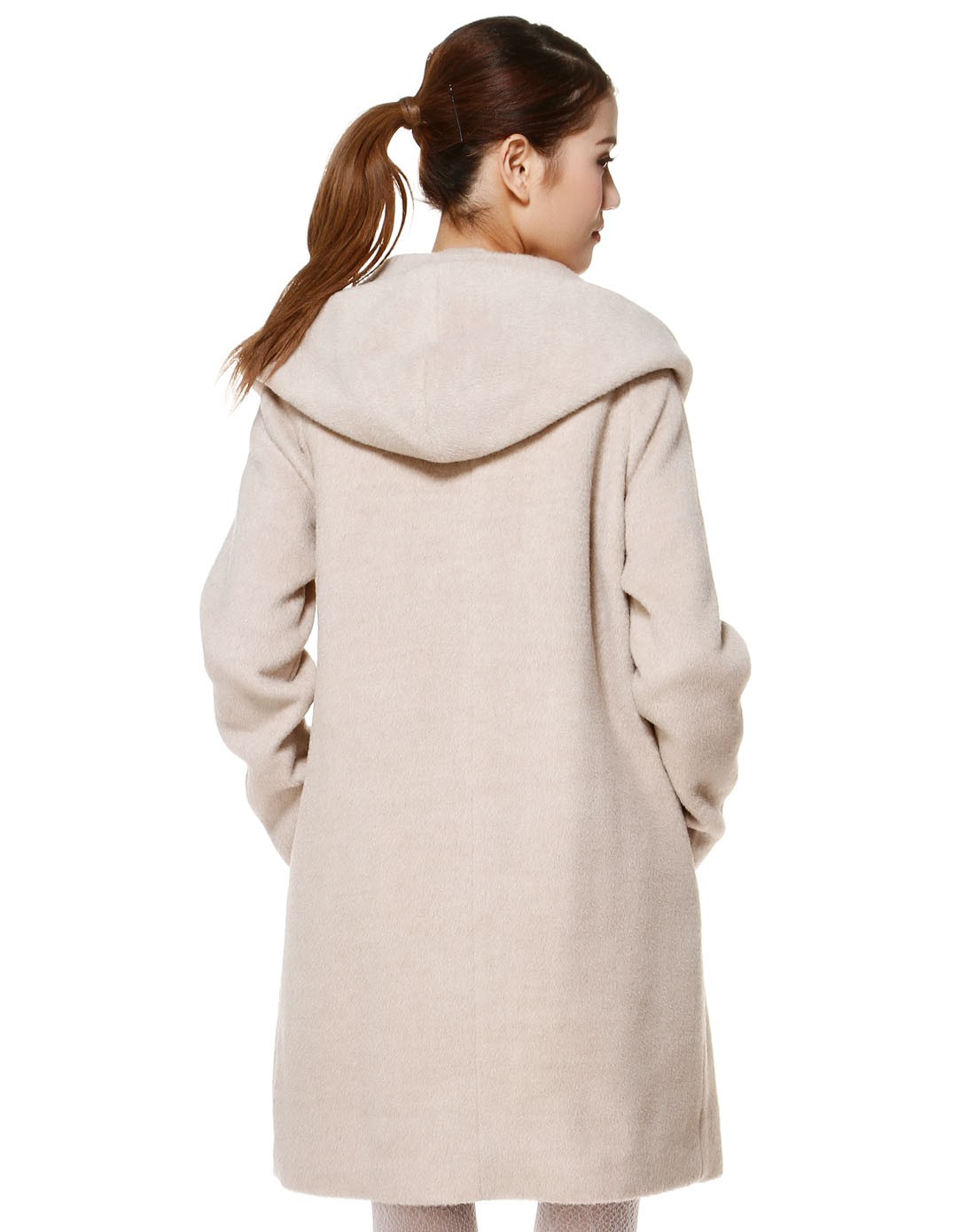 米杏色斯文优雅长袖长款毛呢大衣