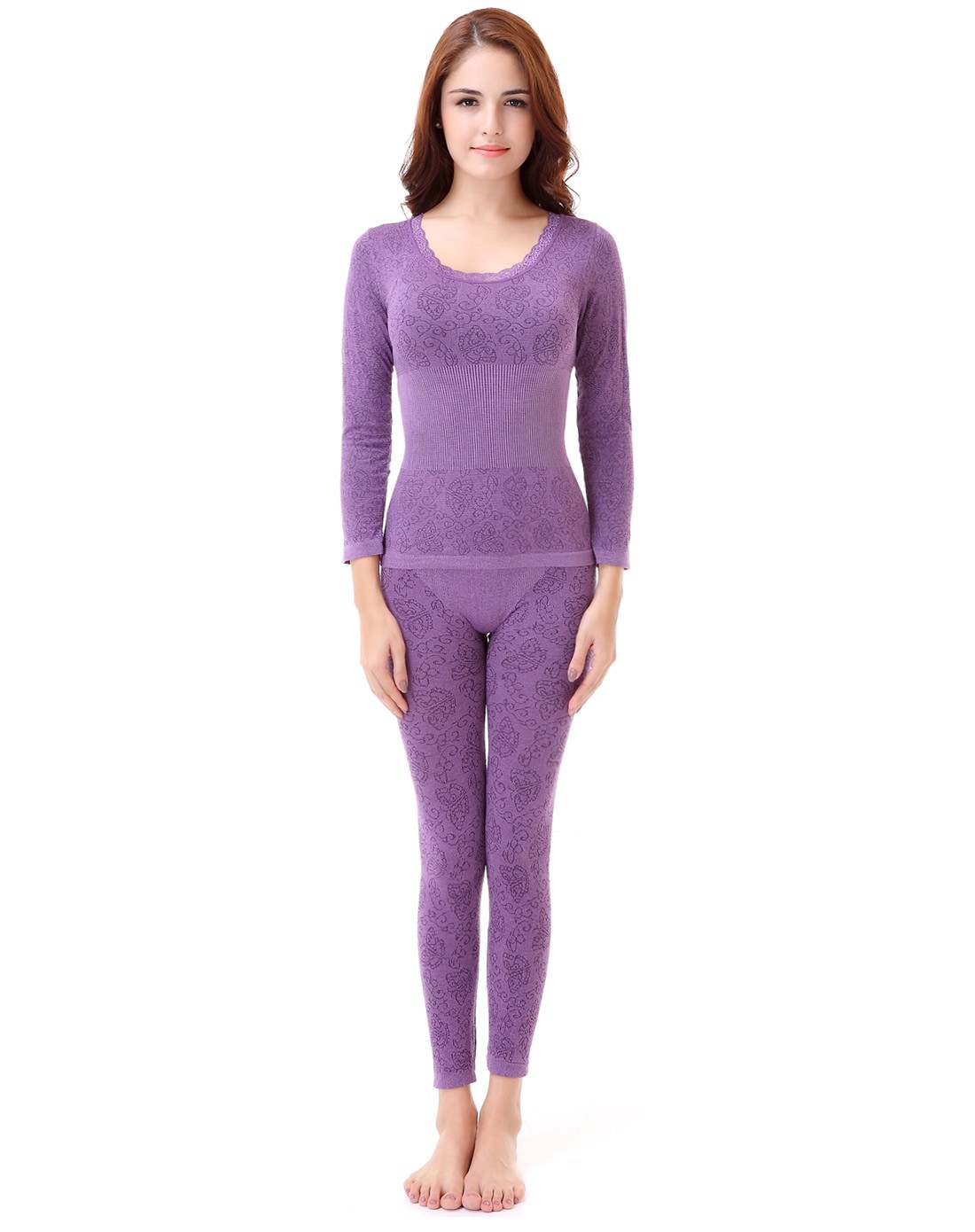 女款紫色玉蝶修身美体保暖内衣套装