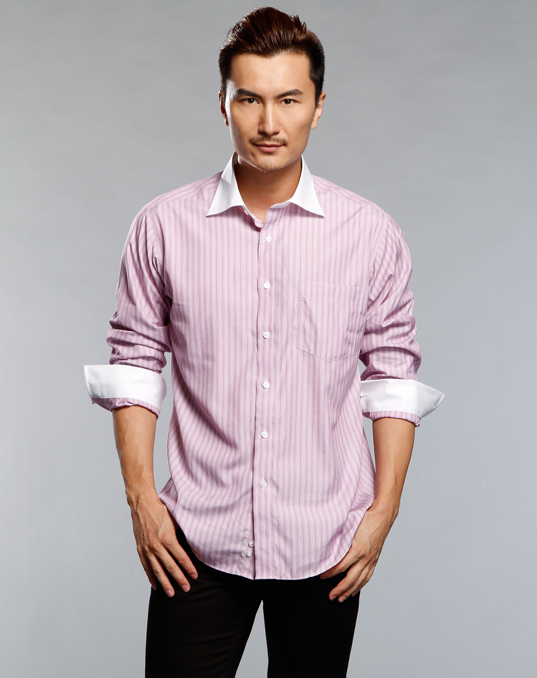 鲁泰格雷芬ltgrff 男款紫/白色竖条纹长袖衬衫