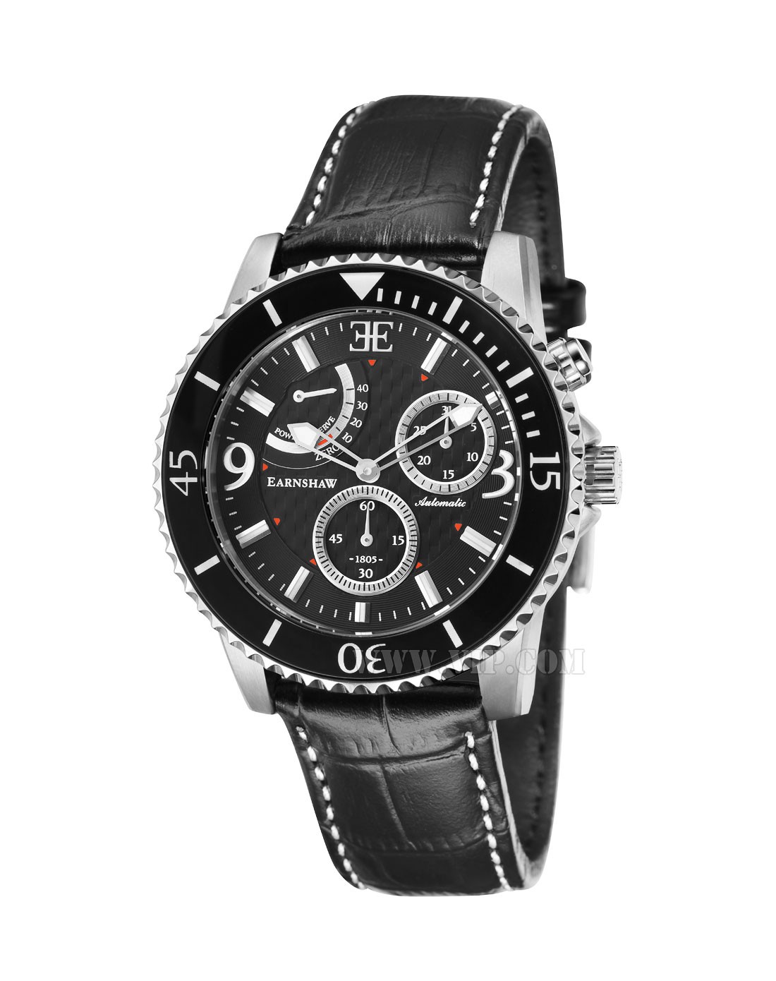 thomas earnshaw手表专场-男士质感底纹三眼黑色皮革表带自动机械表