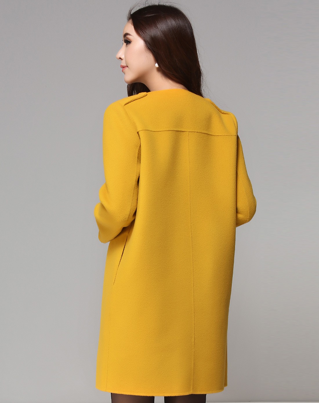 秋香色韩版修身圆领毛呢外套