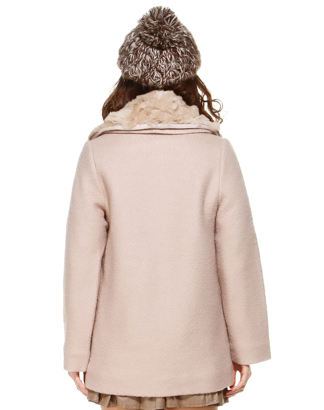 粉米色毛领高贵淑女长袖大衣