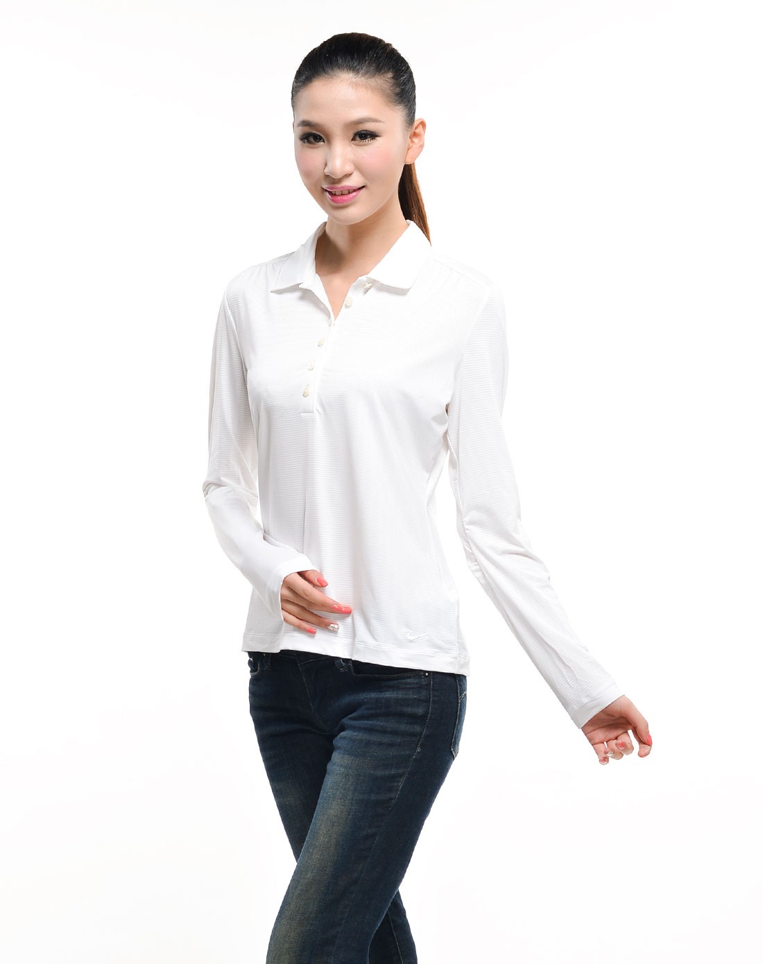 女款白色高尔夫系列长袖polo衫
