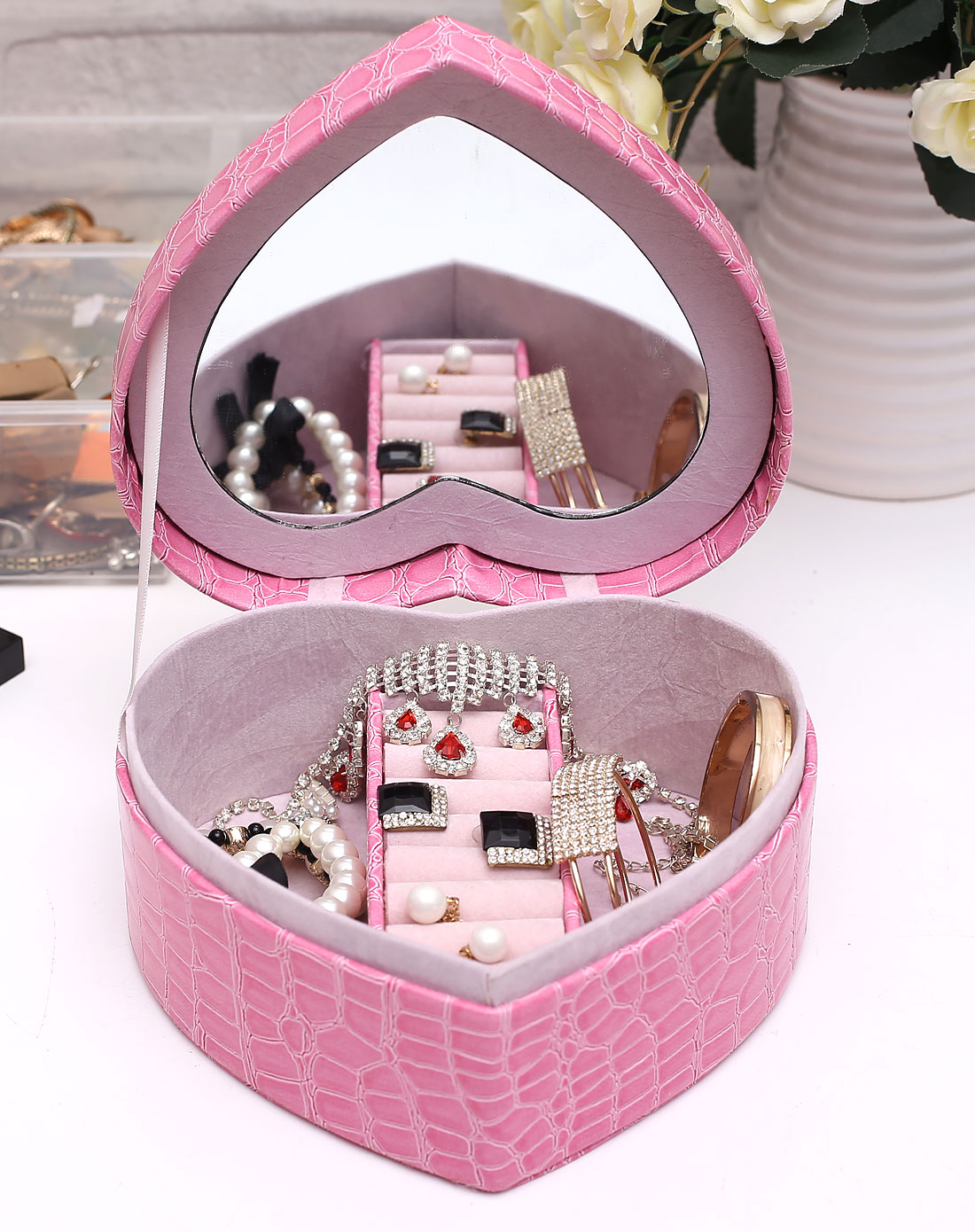 爱心石头纹皮革首饰盒粉色