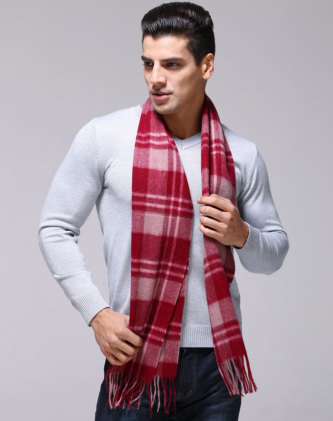 男士红色英伦格子纯羊毛围巾