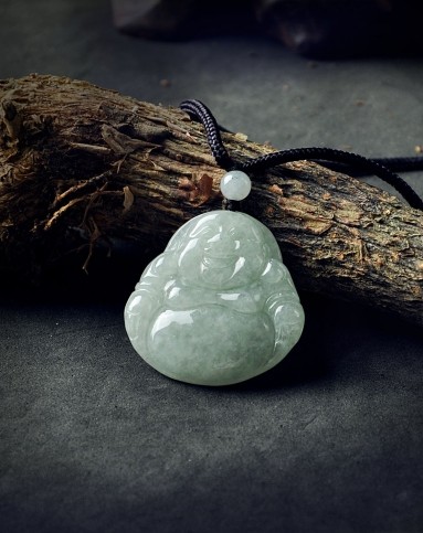 精工雕刻天然a货翡翠豆种弥勒佛公吊坠