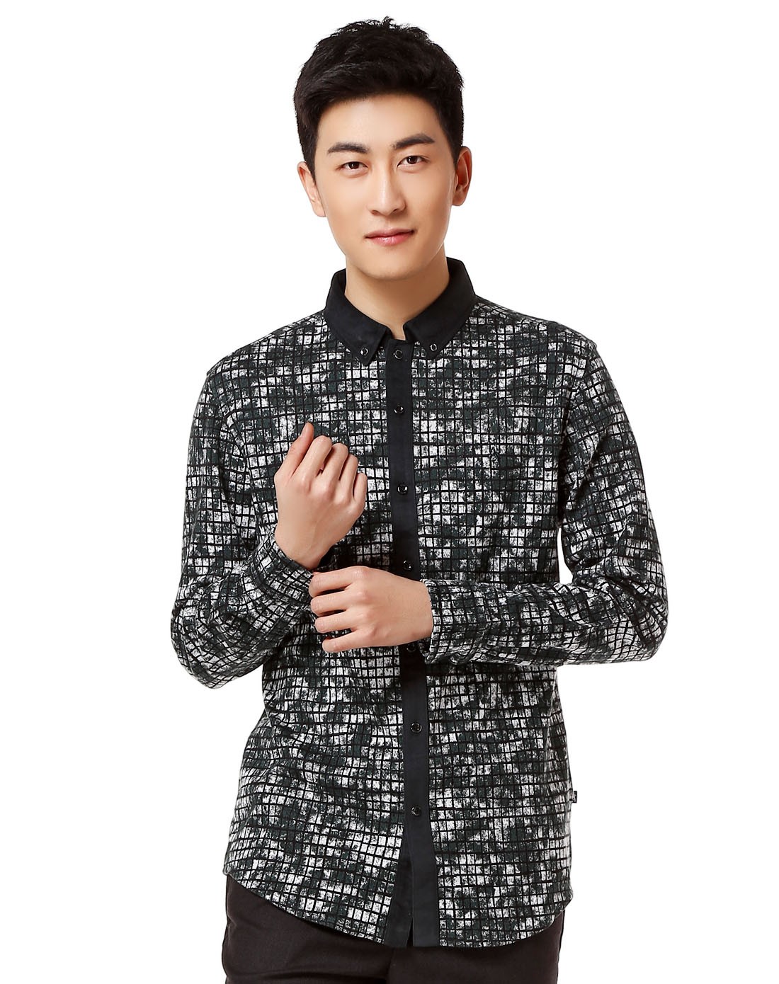 绿/灰白色印花个性长袖针织衬衫