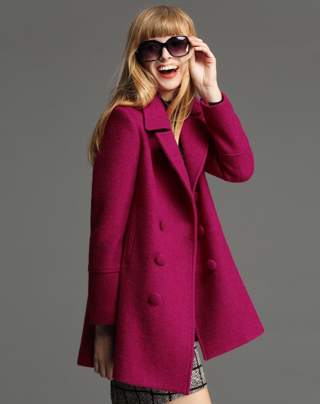 洋红色韩版ol修身圆领毛呢外套