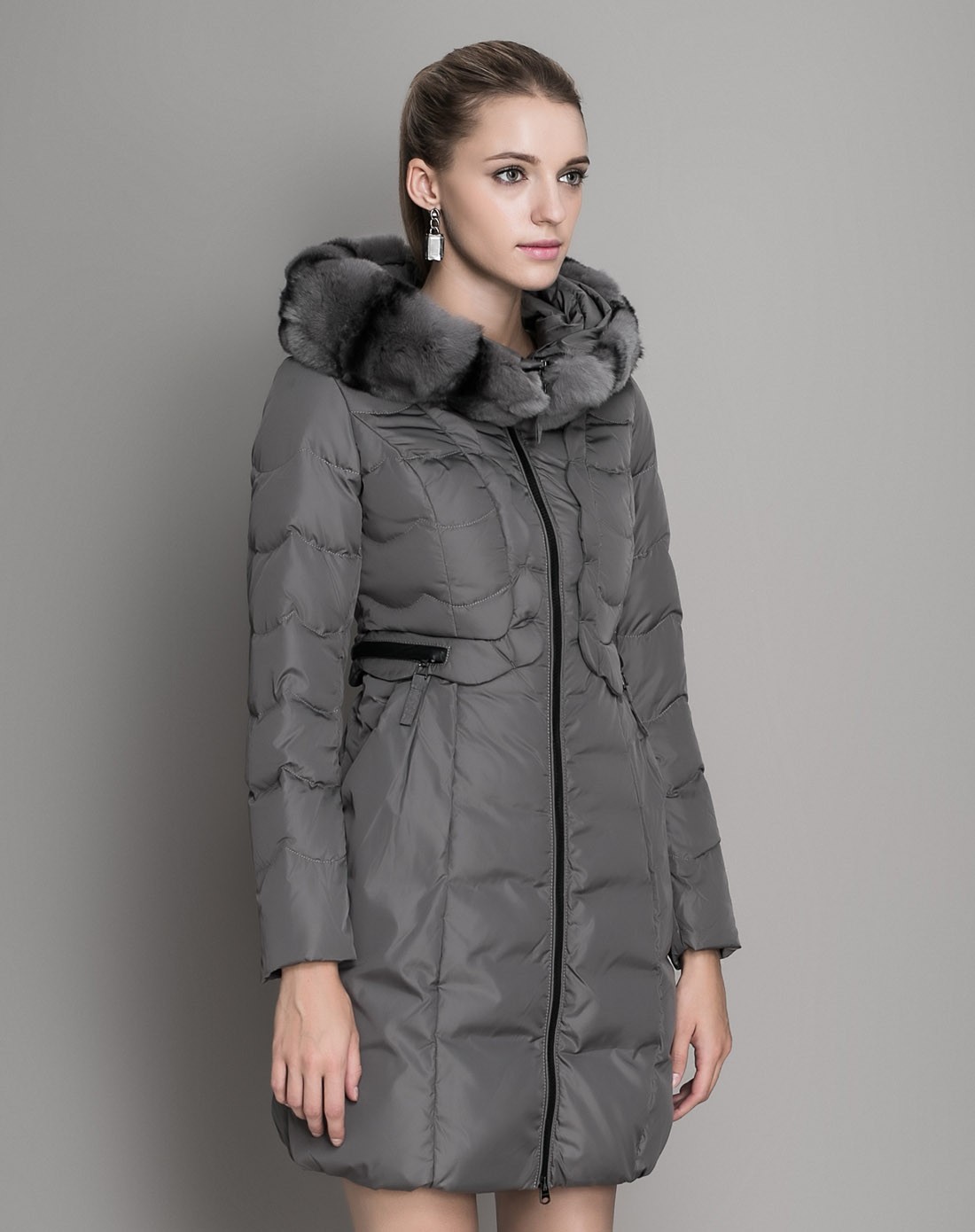 欧帝帝onlv dandvish dame羽绒服中长款修身波浪印纹奢华毛领羽绒衣o