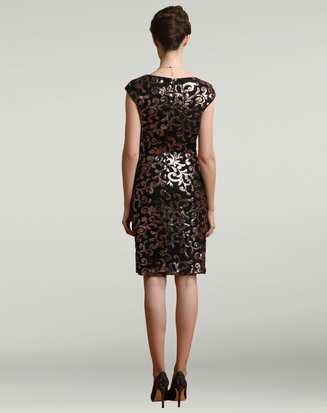 女装黑啡色珠片气质v领修身晚礼服