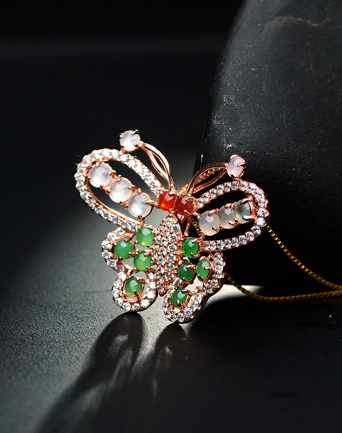 s925银镶a货翡翠冰种三彩蝴蝶吊坠