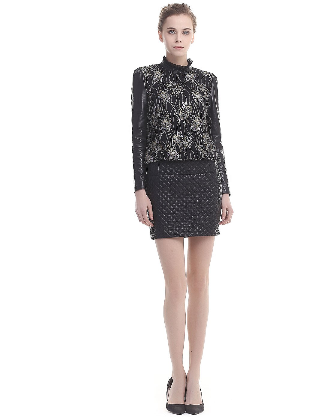 斯尔丽sierli皮草男女黑色时尚修身包臀皮裙5f006880_唯品会