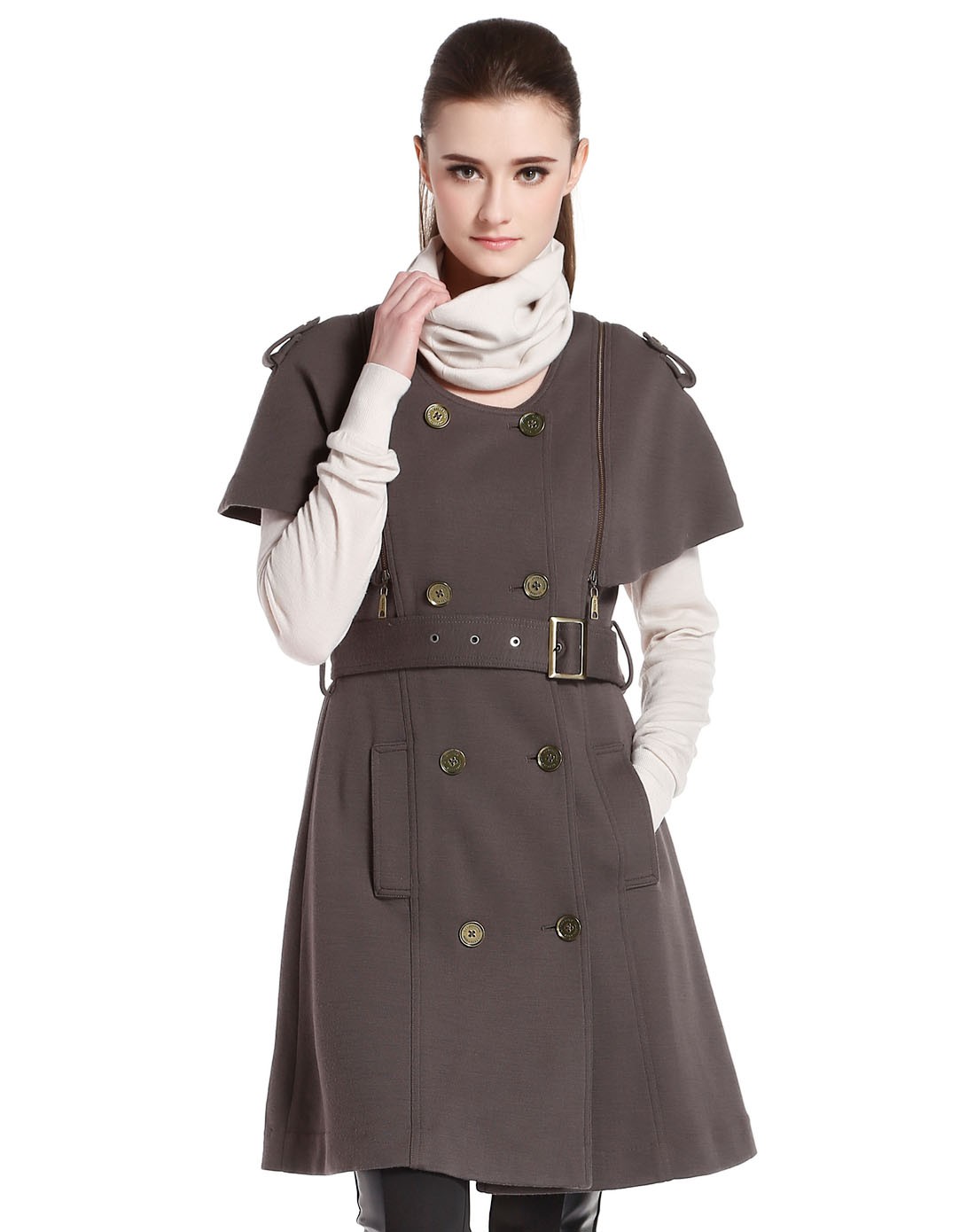 灰啡色淑女时尚披肩式大衣