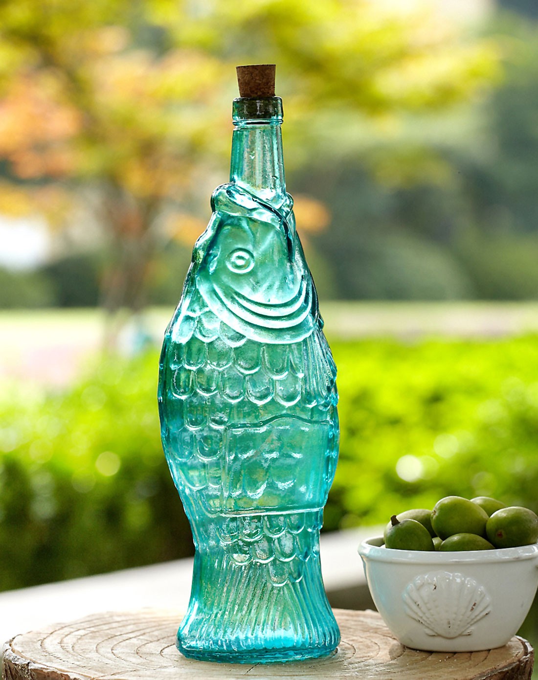 西班牙进口1000ml环保玻璃立体雕刻鱼型木塞油瓶-天蓝