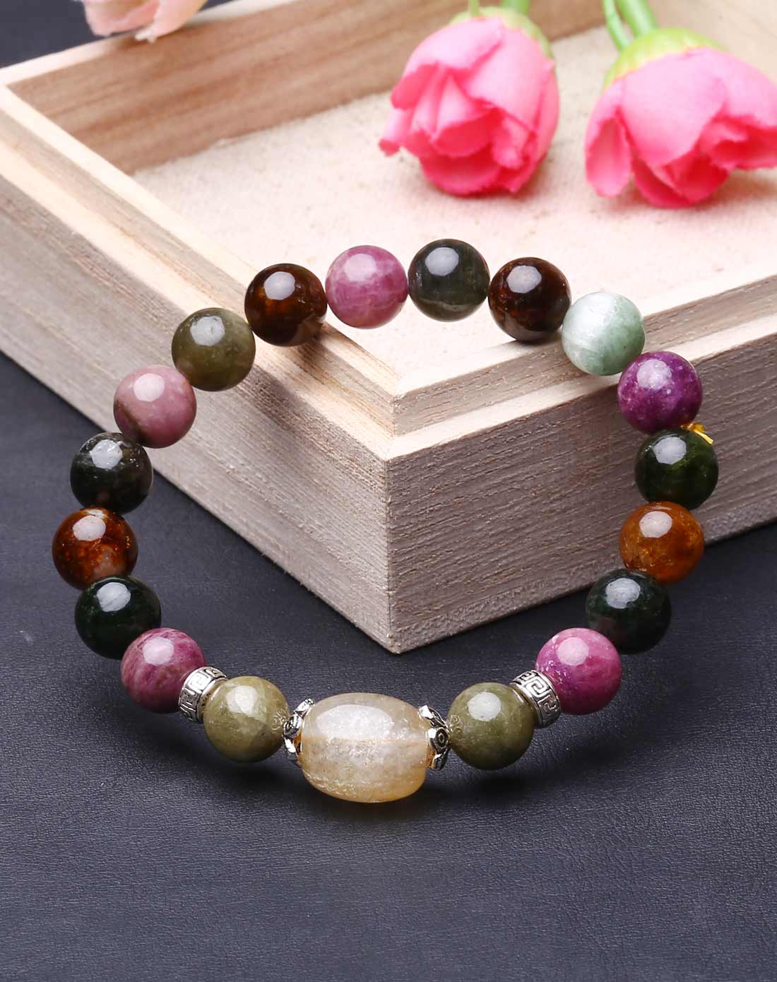 925银天然发晶路路通配碧玺单圈手链-必发