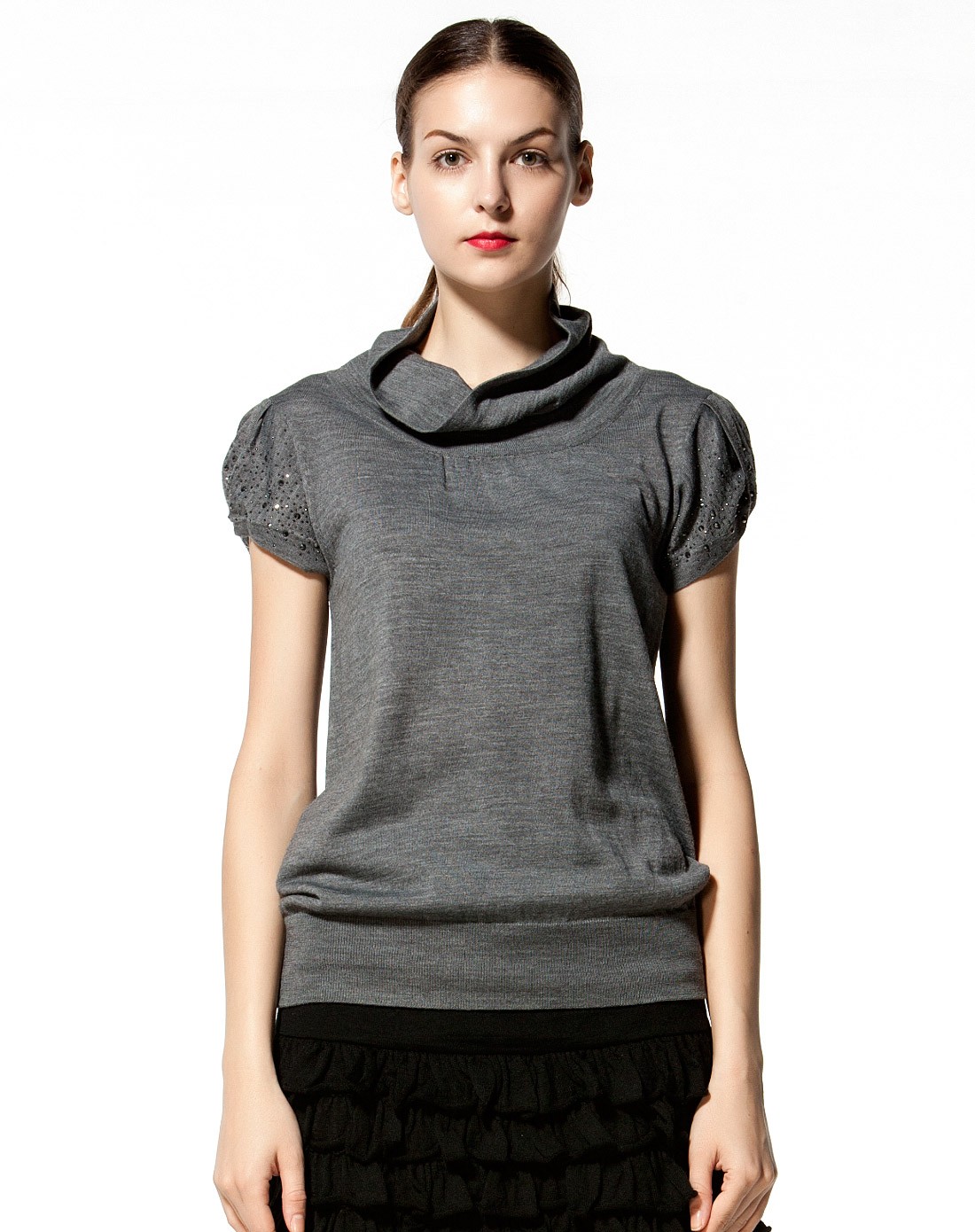 女款中灰羊毛盆领短袖针织衫