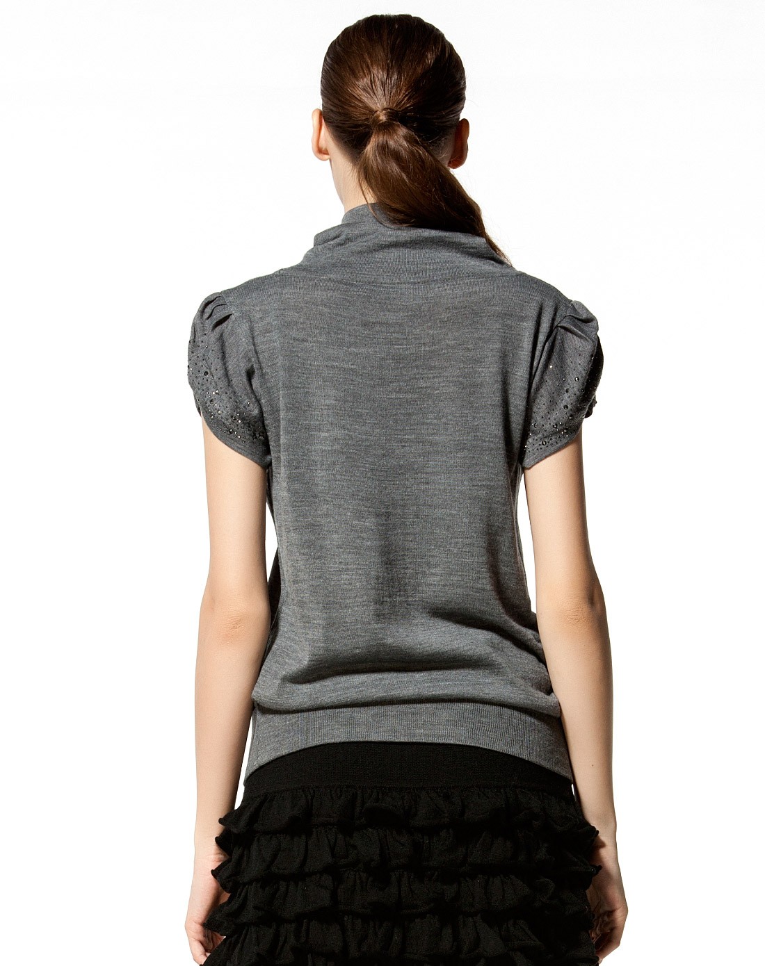 女款中灰羊毛盆领短袖针织衫