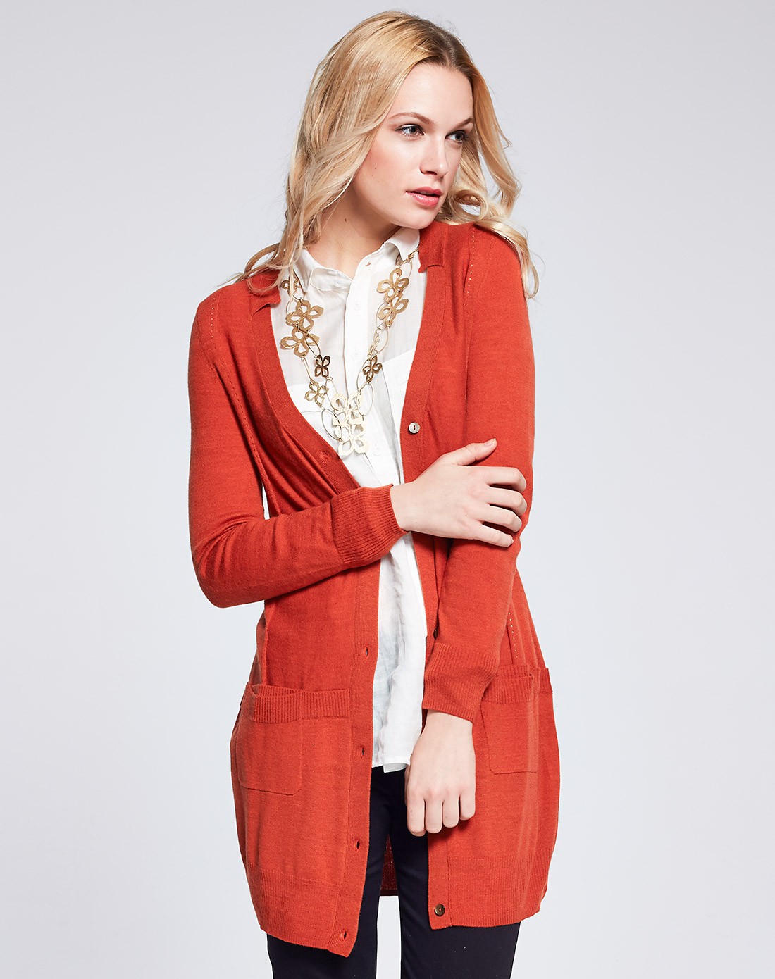 深桔色修身ol开襟v领长袖开衫