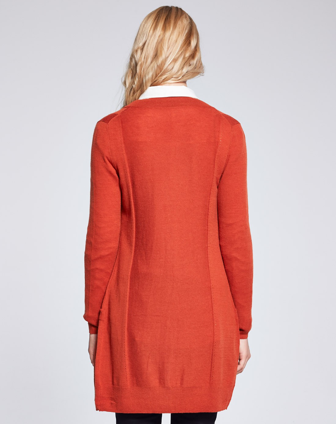 深桔色修身ol开襟v领长袖开衫