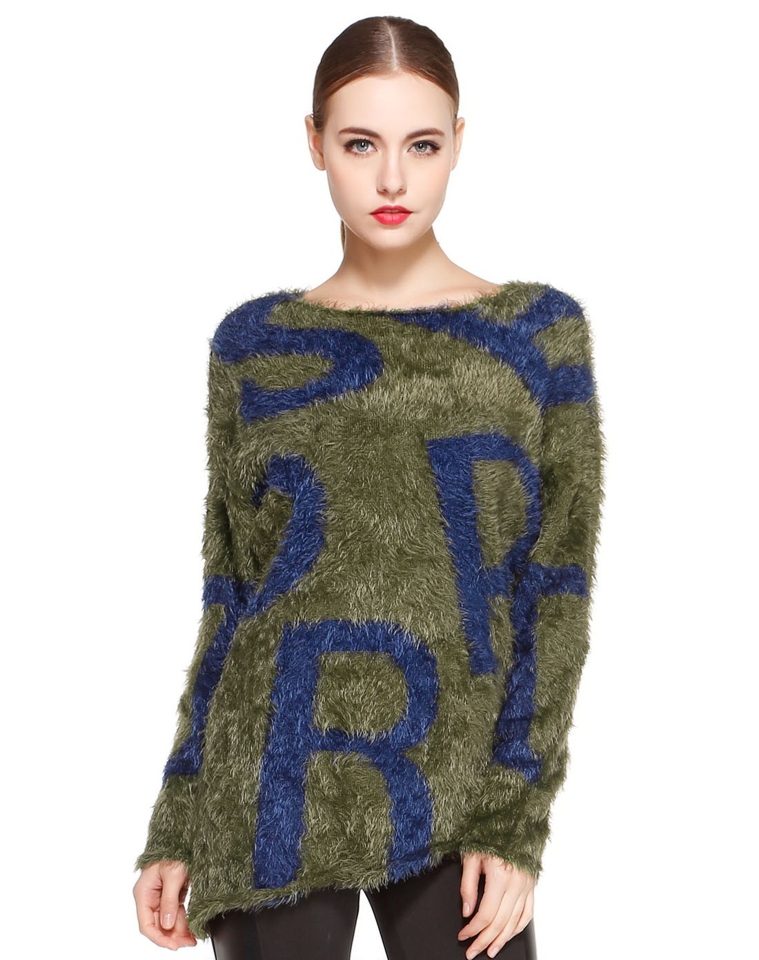 墨绿/蓝色个性时尚字母长袖针织衫