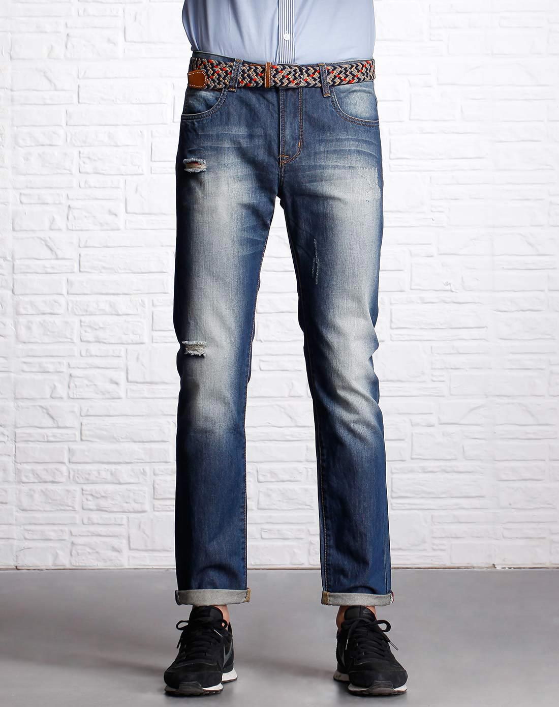 男款灰蓝中低腰修身窄脚牛仔裤