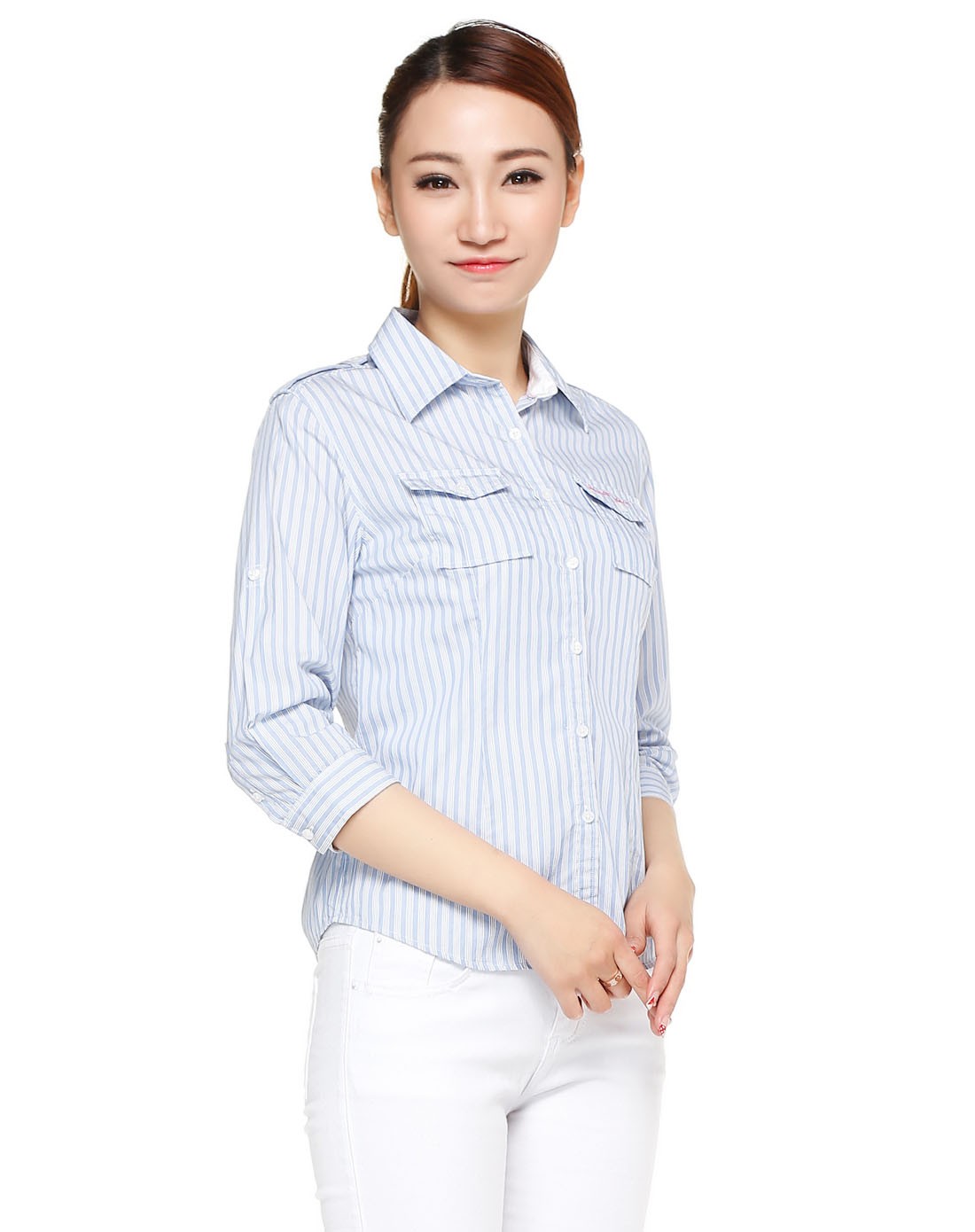 女款浅蓝色潮流条纹八分袖衬衫