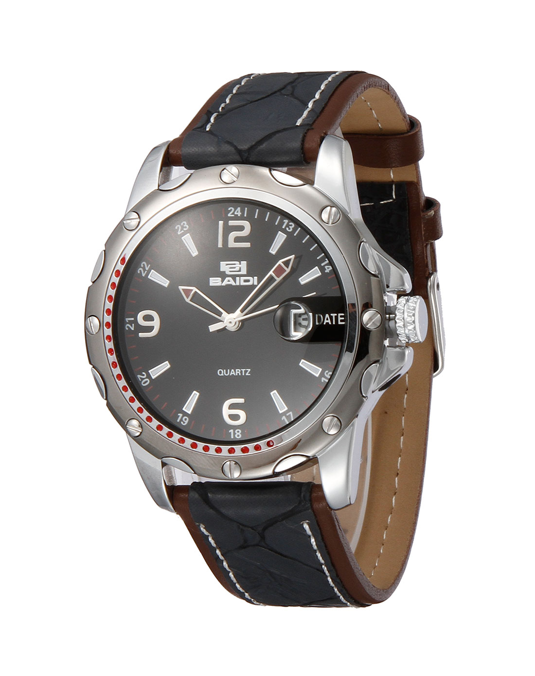 百迪 男款藏蓝/啡/黑色商务鳄鱼皮纹石英手表