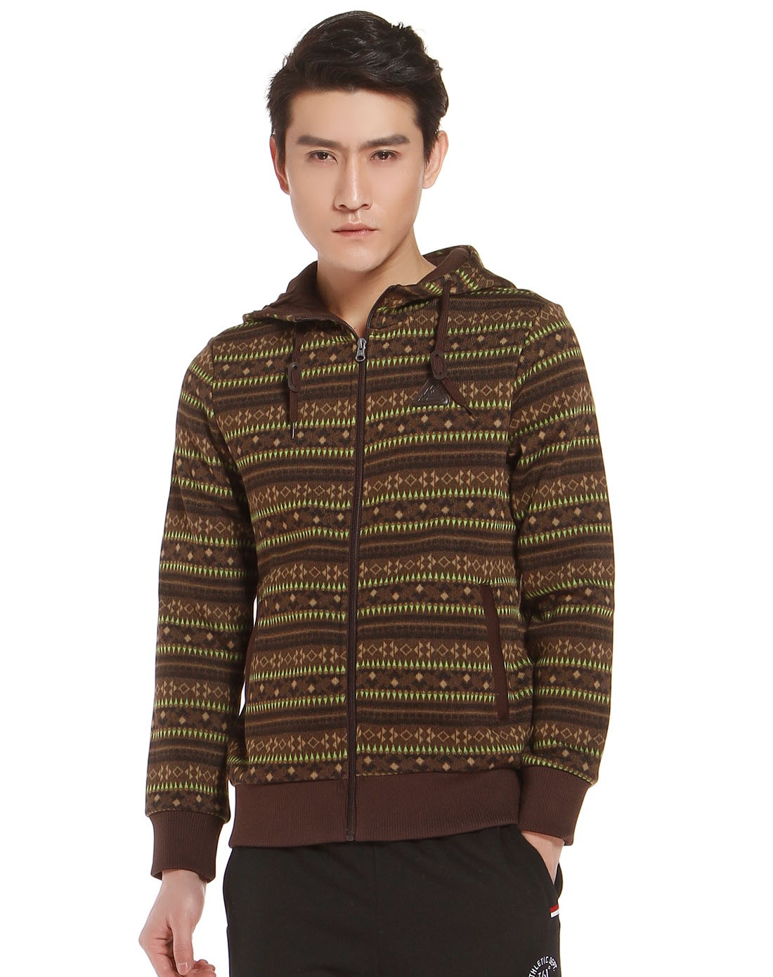 男款深棕色长袖卫衣款外套 连帽印纹