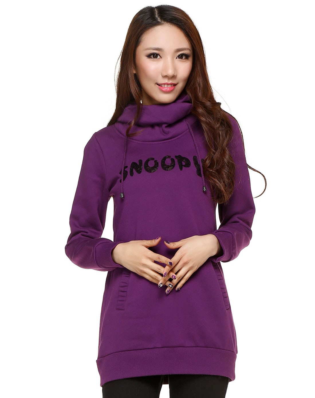 紫红色连帽钉珠长袖长款卫衣