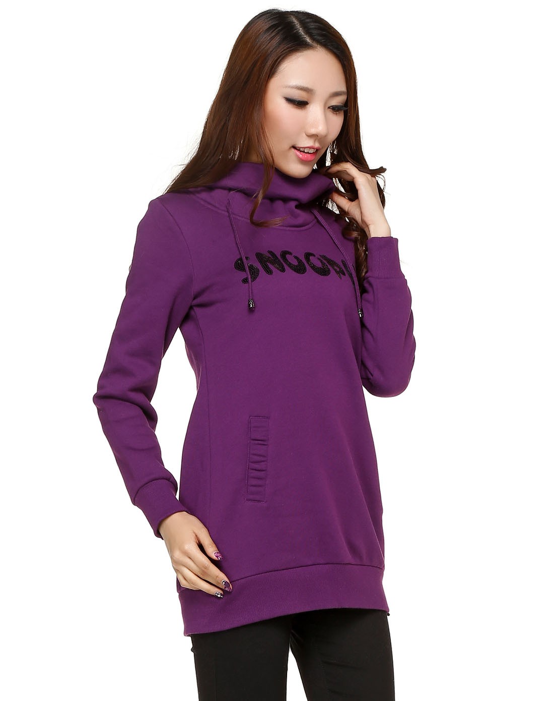 紫红色连帽钉珠长袖长款卫衣