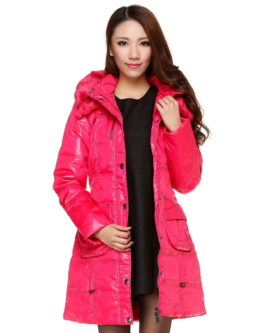 玫红色连帽可爱淑女长袖中长款羽绒服