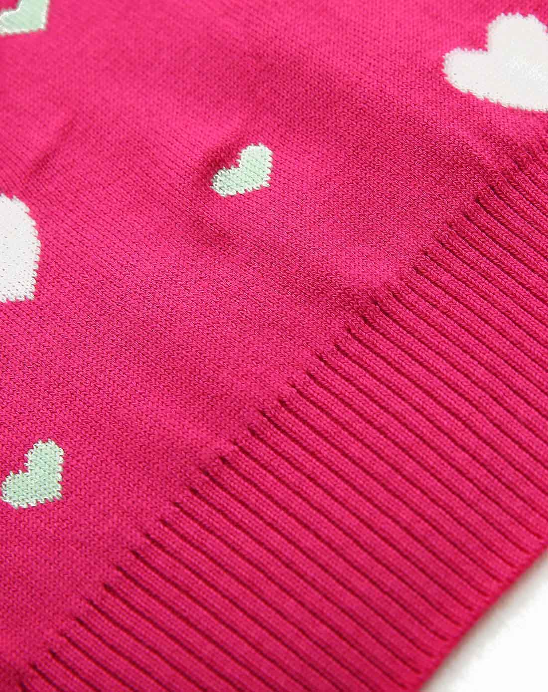 女童玫红色心形图案提花舒适打底毛衣