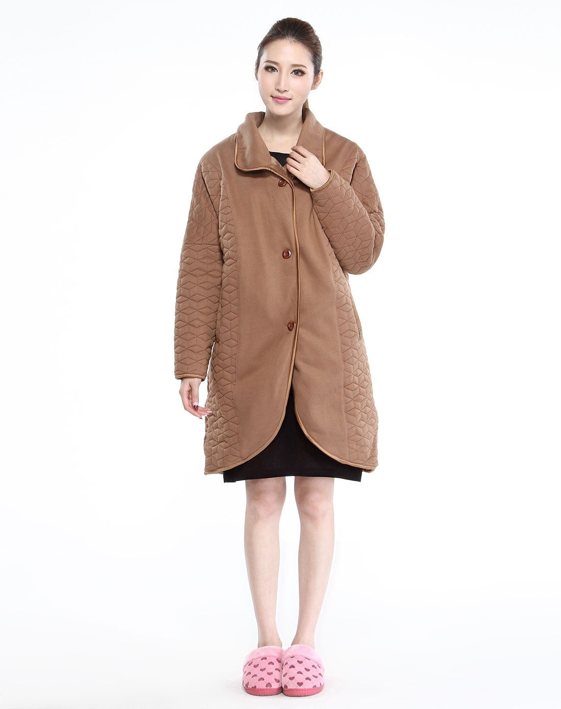 女款淡褐色翻领舒适简约长款长袖夹棉外套