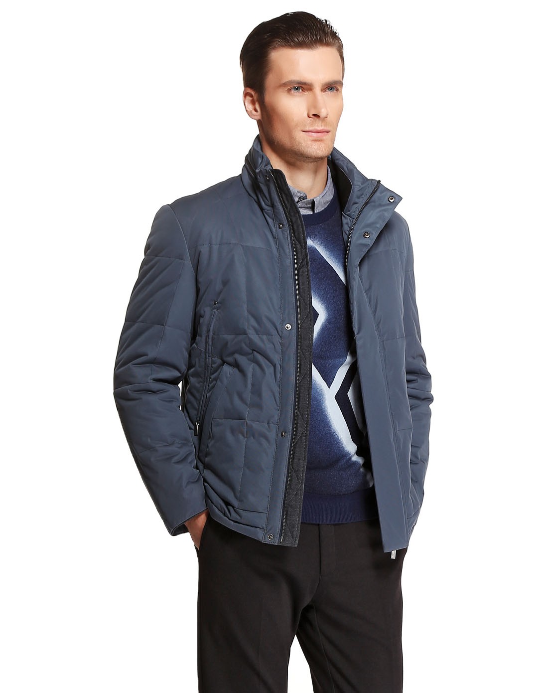 卡奴迪路canudilo灰蓝色隐藏门襟立领长袖羽绒服3331252-510_唯品会