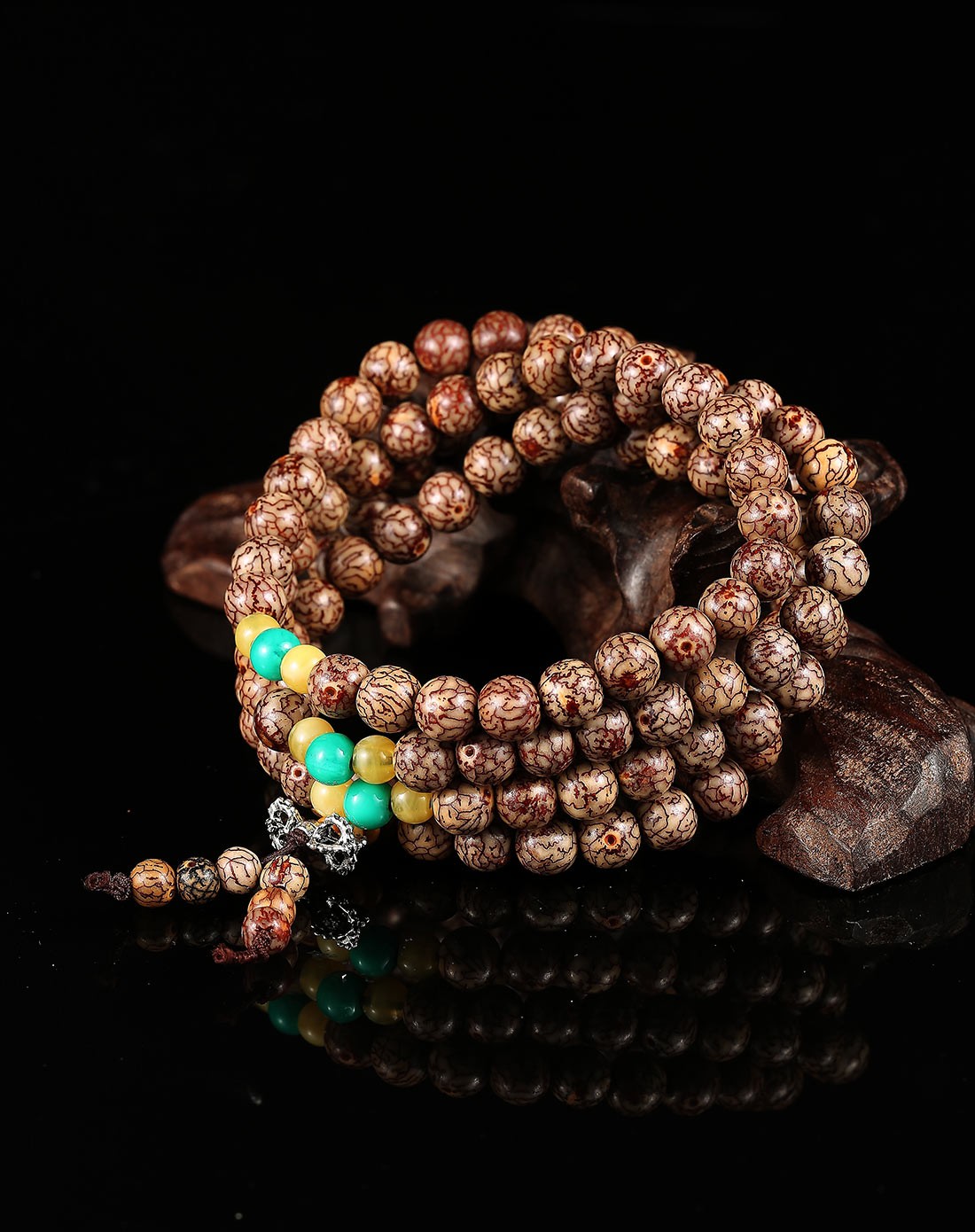 印尼血丝金线菩提子加松石手链108颗咖色