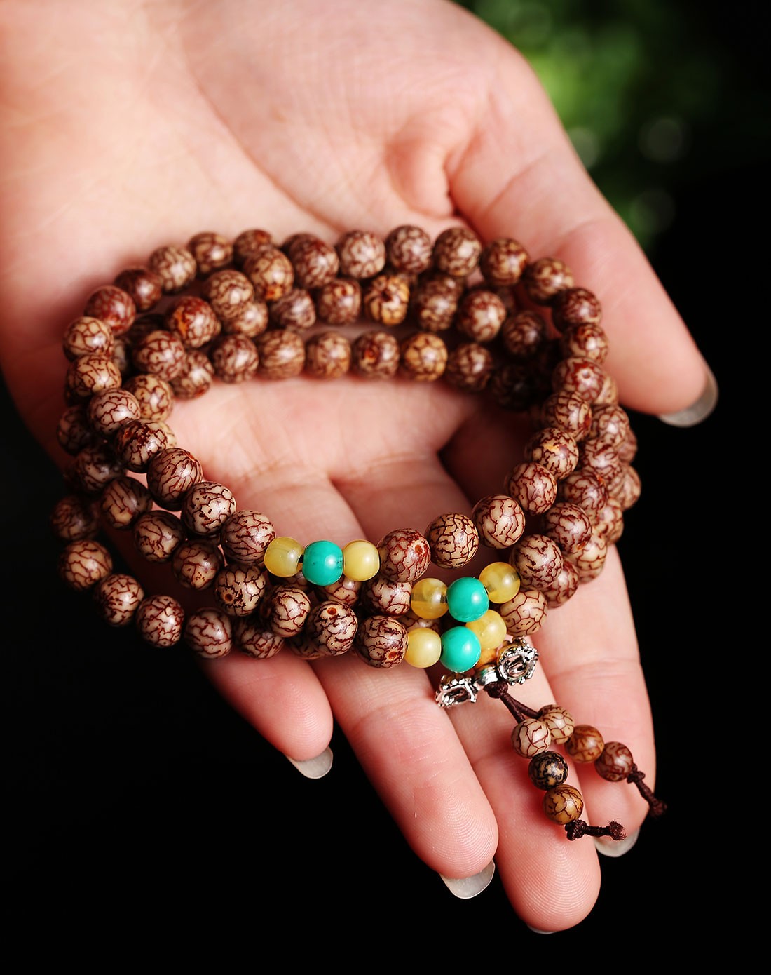 印尼血丝金线菩提子加松石手链108颗咖色