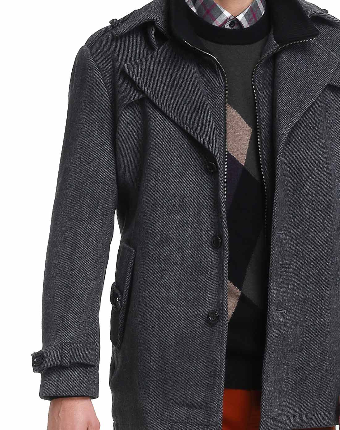 男款深灰花纹翻领羊毛风衣