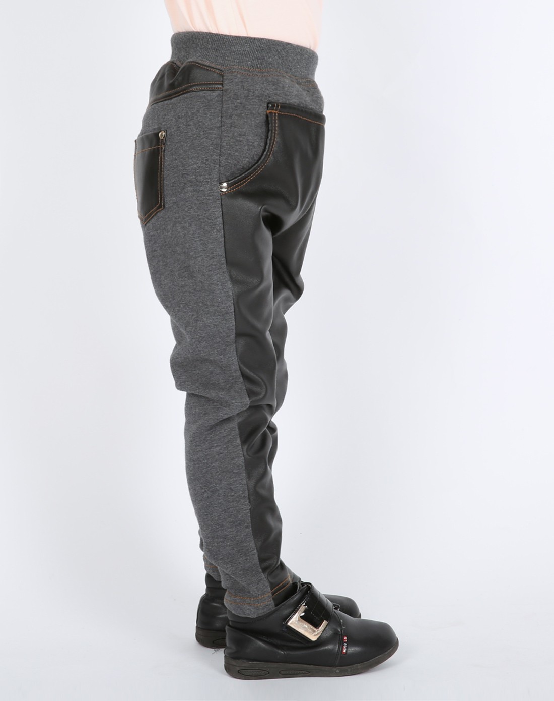 女童灰色ab版pu夹裤