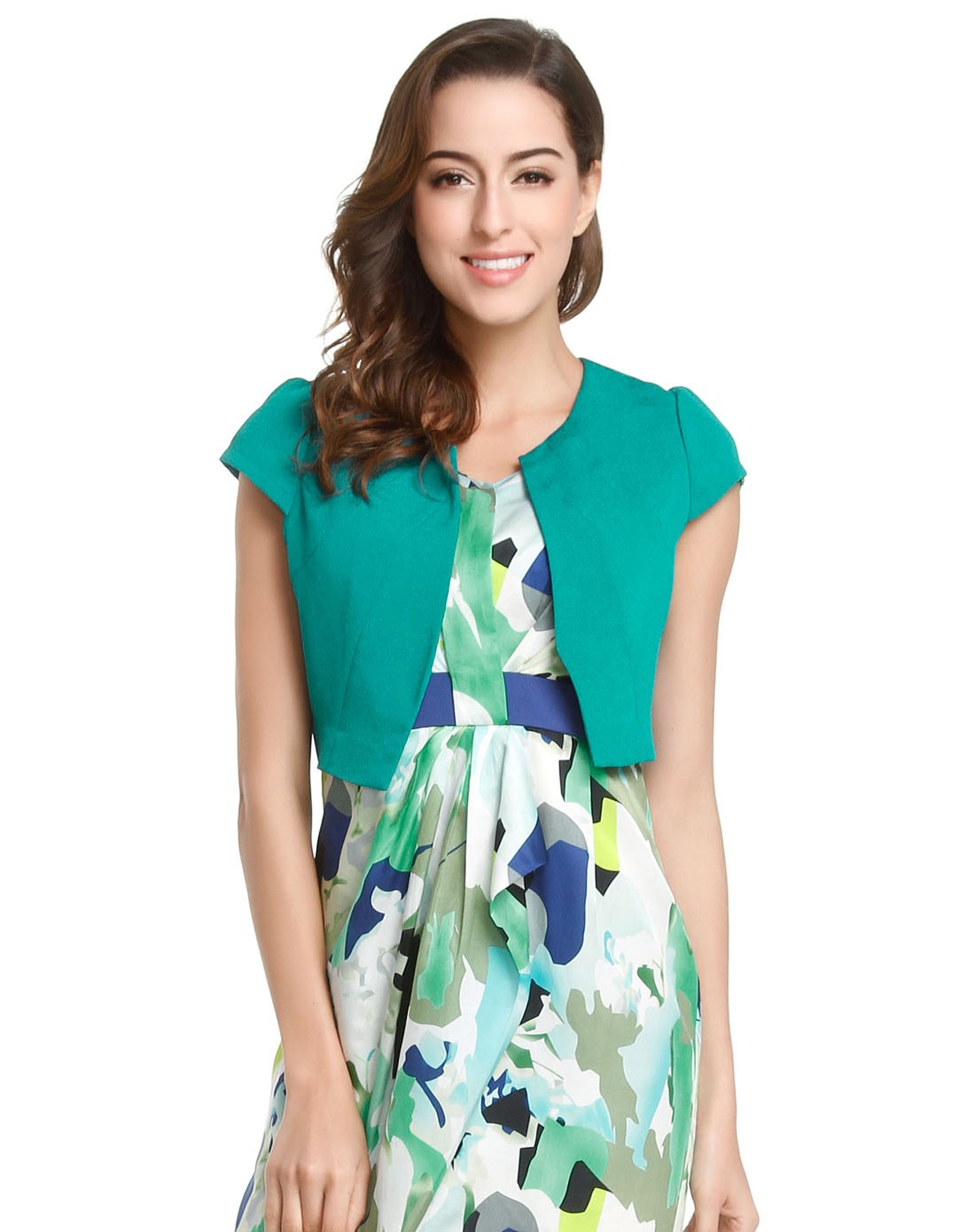 蓝绿色简约休闲盖肩袖短款外套