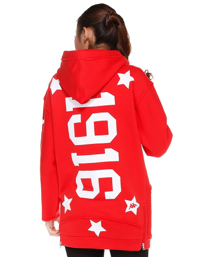 幸运色 女款红色长袖连帽针织套头衫 潮流烫图