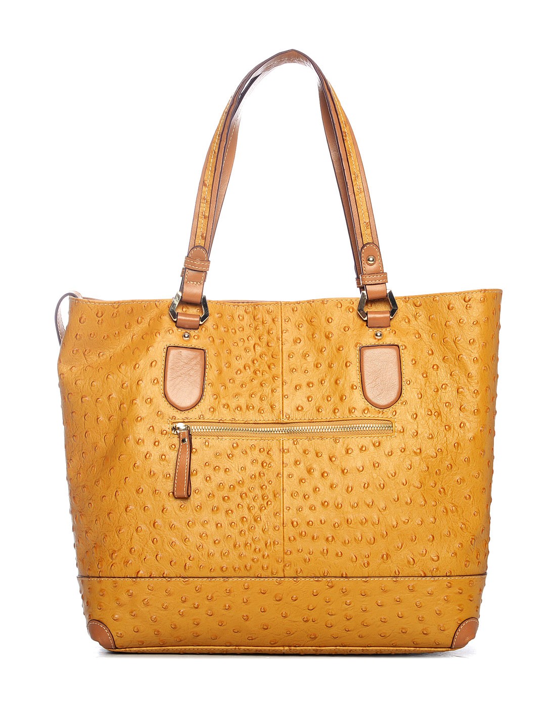 高端女士黄色鸵鸟纹头层牛皮手提包