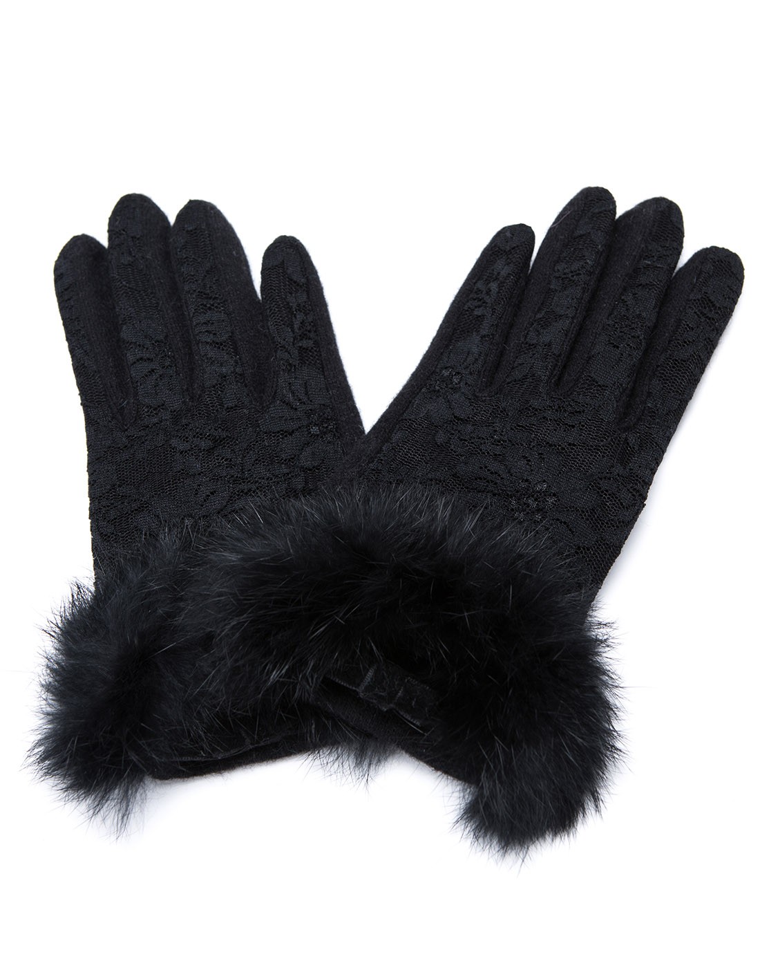 黑色羊毛蝴蝶结蕾丝分指手套