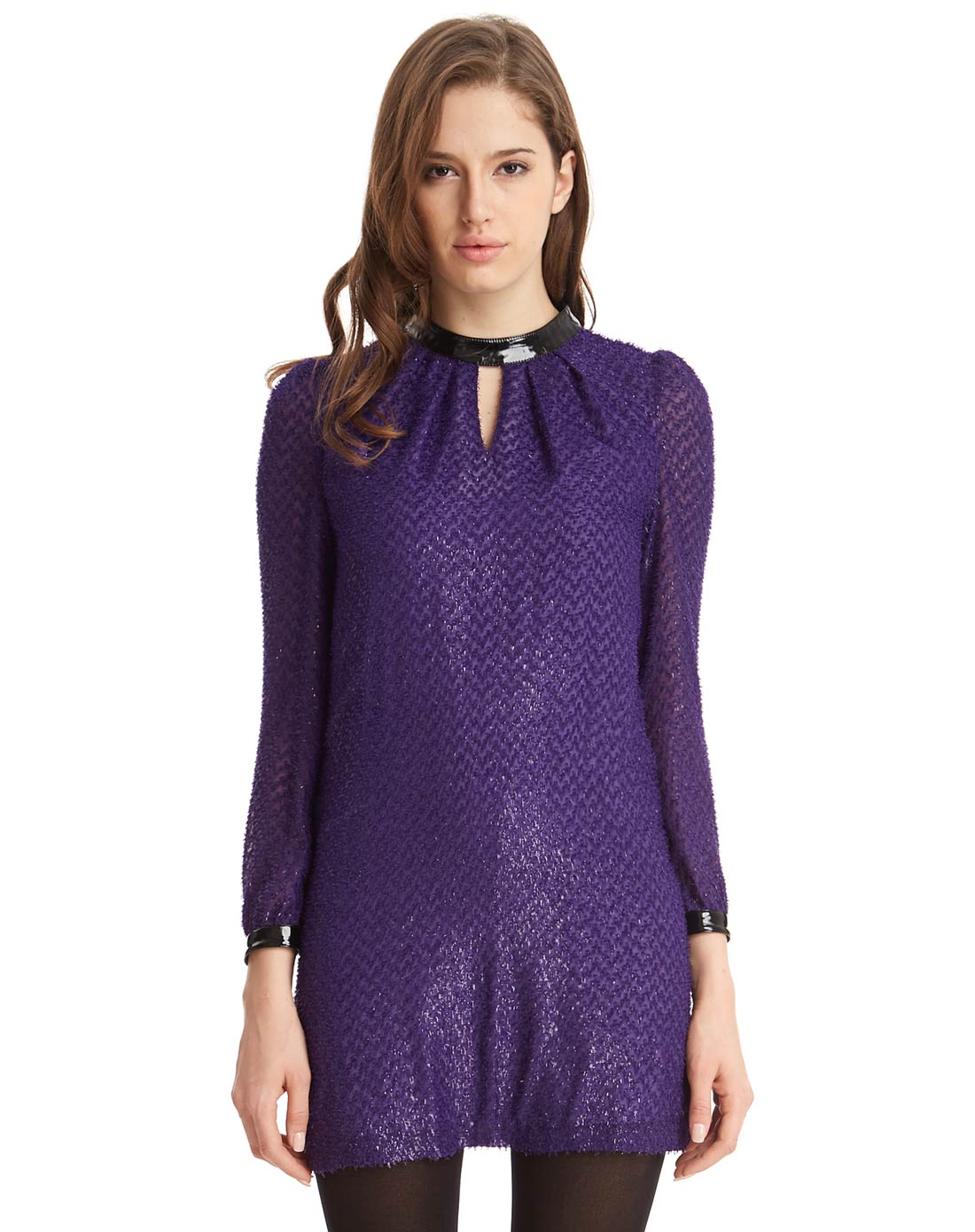 茄皮紫亮丝长袖连衣裙