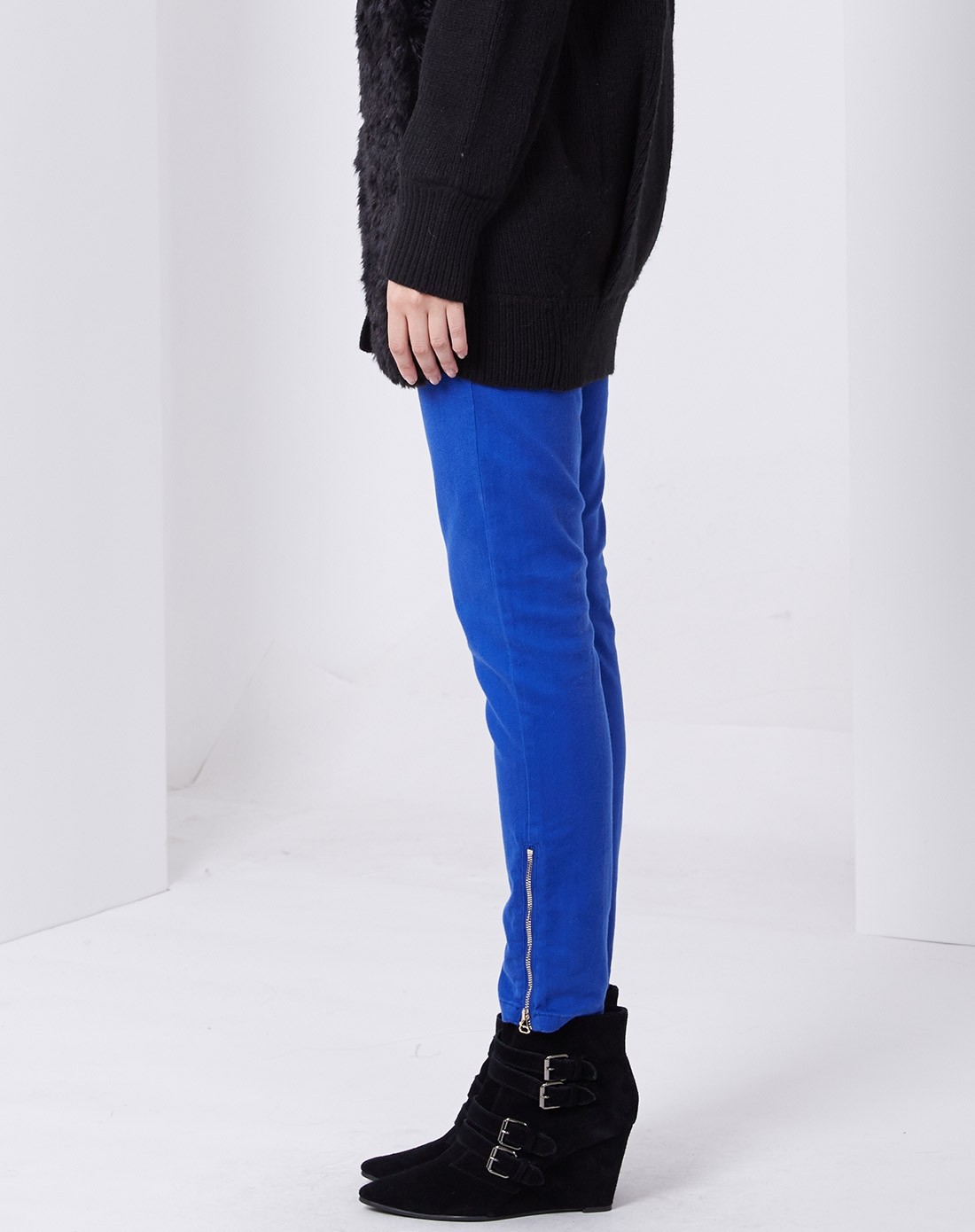 彩蓝色通勤修身中腰牛仔长裤