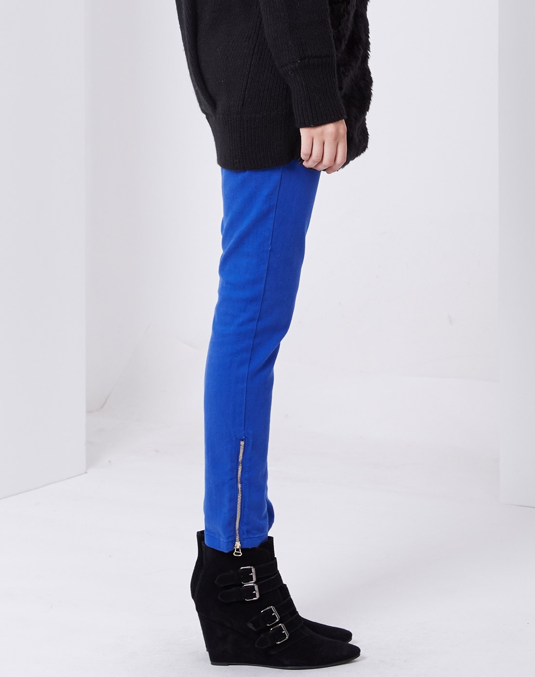 彩蓝色通勤修身中腰牛仔长裤