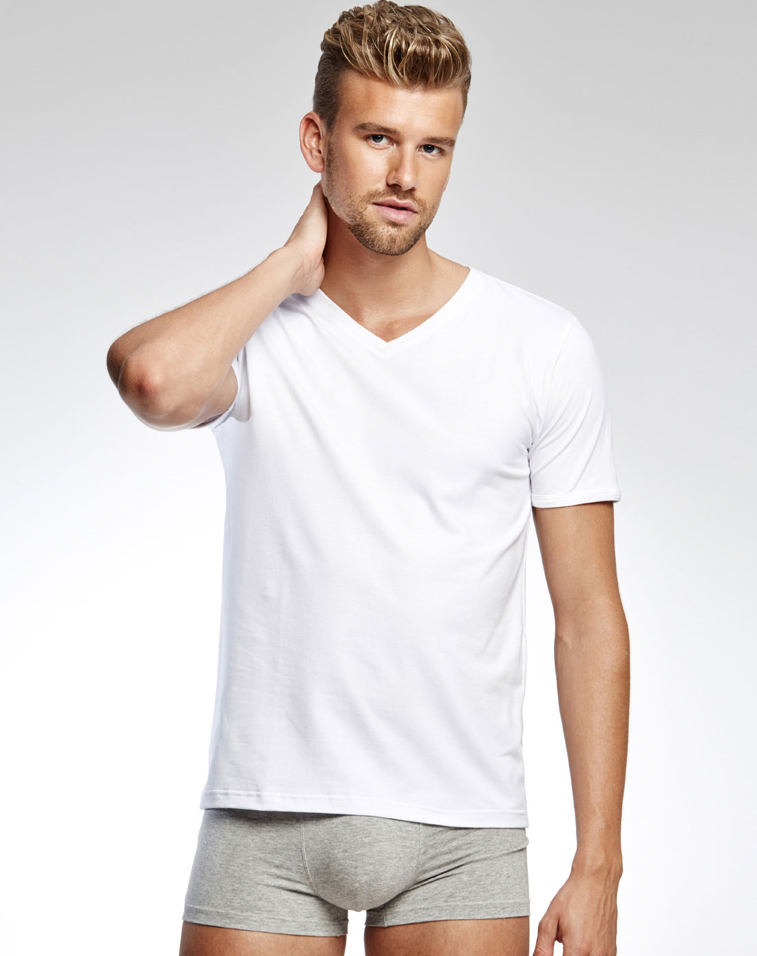 男白色高端兰精莫代尔棉v领百搭短袖t恤