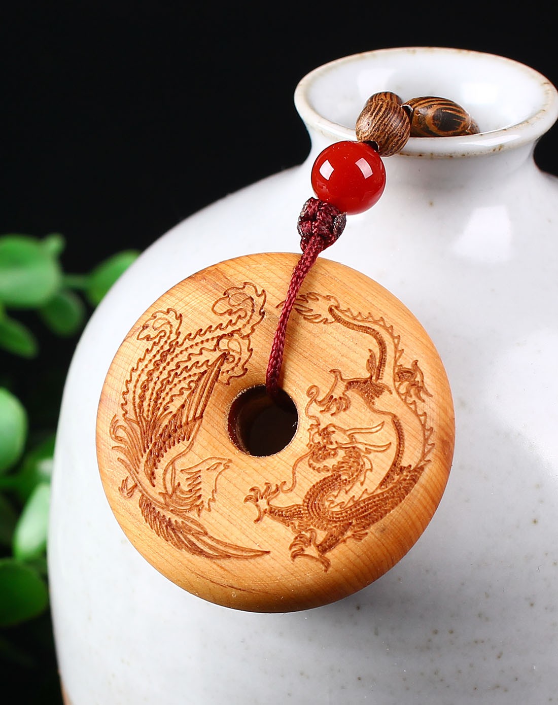 天然崖柏木平安扣吊坠-龙凤呈祥